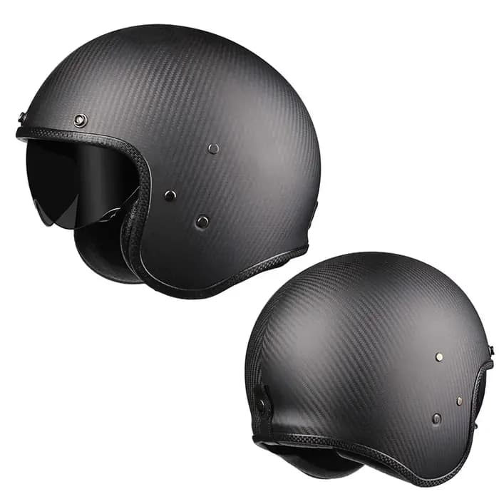 Casque Moto Vintage Jet Rétro 3/4 en Fibre de Carbone Authentique pour Cafe Racer avec Visière Intérieure