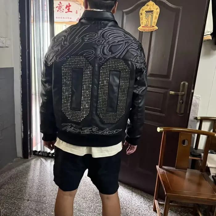 Blouson de moto en cuir PU avec broderie de diamants