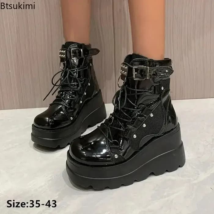 Bottes de moto punk gothiques pour femmes 2026, à plateforme, talon épais, bottines à talon compensé, chaussures noires pour femmes