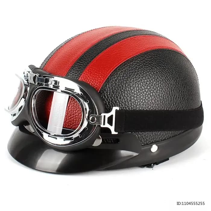 Casque Demi-Coque Vintage en Cuir pour Moto, Casque Ouvert Homologué DOT pour Moto et Scooter