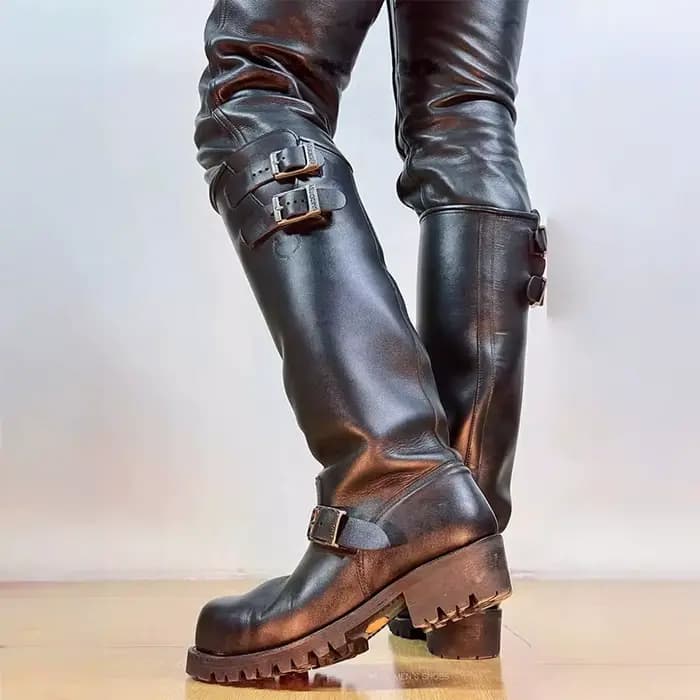 Bottes de moto rétro pour hommes, hautes jusqu'au genou, polyvalentes, style ingénieur, avec boucle