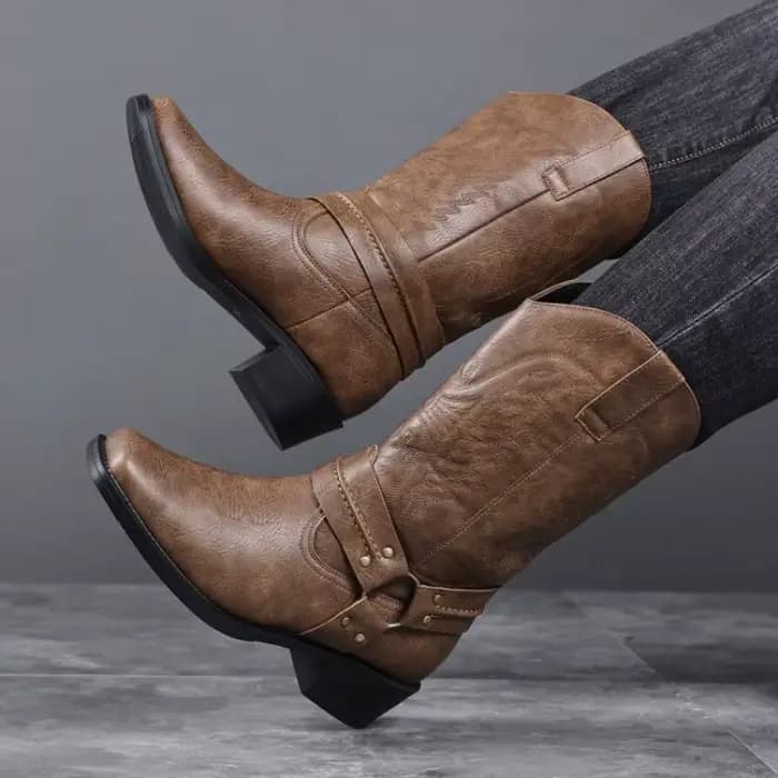 Bottes pour hommes, bottes de cowboy western rétro brodées, bottes de moto tendance pour hommes, bottes en cuir mi-mollet, Botas Masculino