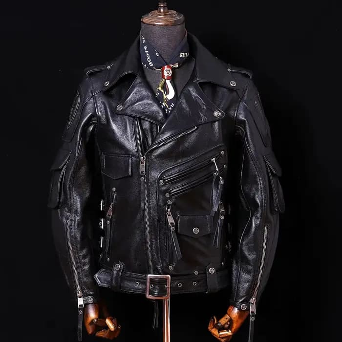 Veste en cuir de moto marron rouge pour hommes