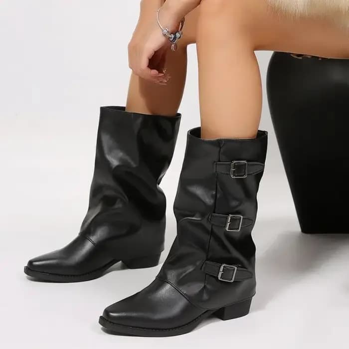 Bottes de motard pour femmes, mi-mollet, à coupe souple, avec 3 boucles métalliques décoratives, en similicuir, bout pointu, talon bloc de 4,5 cm, style punk gothique.