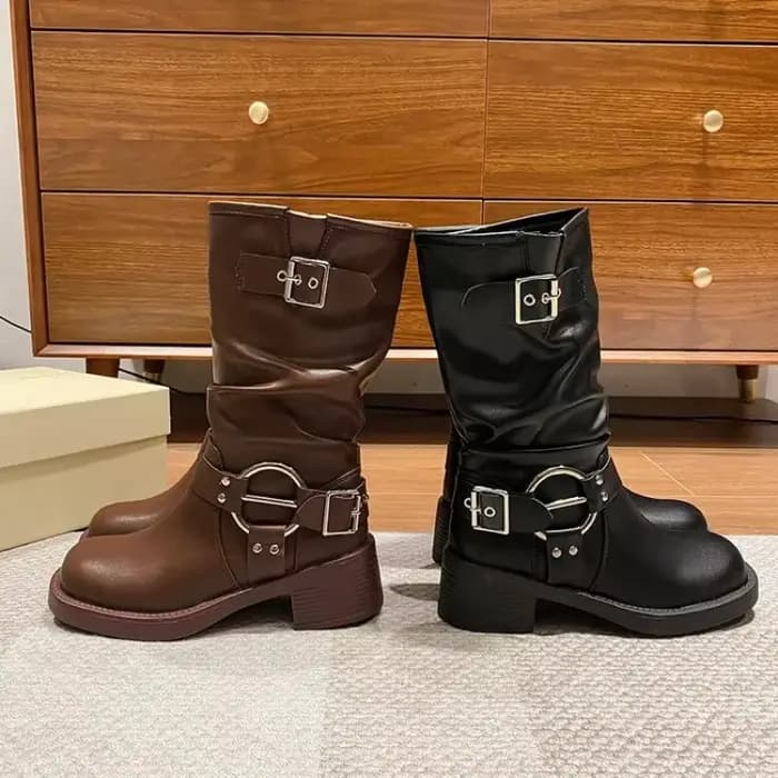 Bottes de moto rondes en cuir PU pour femmes