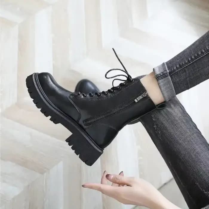 Bottines en cuir Pu marron pour femmes, chaussures de moto courtes en peluche, Vintage, à lacets, avec fermeture éclair, collection automne-hiver 2025