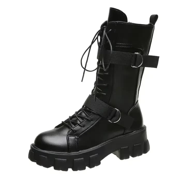 Femmes mi-mollet bottes Pring moto bottes femmes Cosplay bottes hautes Punk gothique noir chaussures