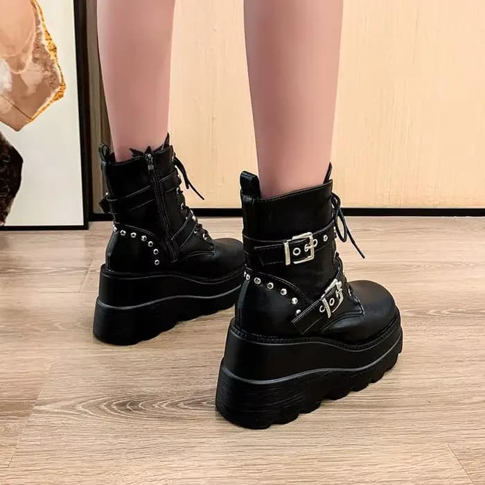 Bottes de moto mi-mollet à boucle de ceinture grande taille pour femme