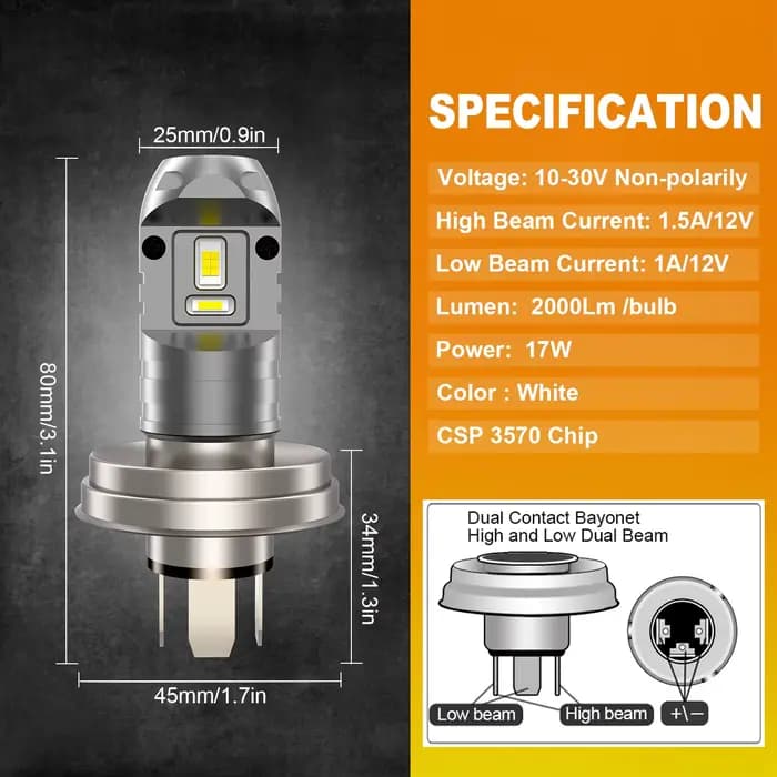 Ampoule de phare LED R2 P45T DC 12V, blanc Super lumineux, faisceau haut et bas, pour phare de moto,