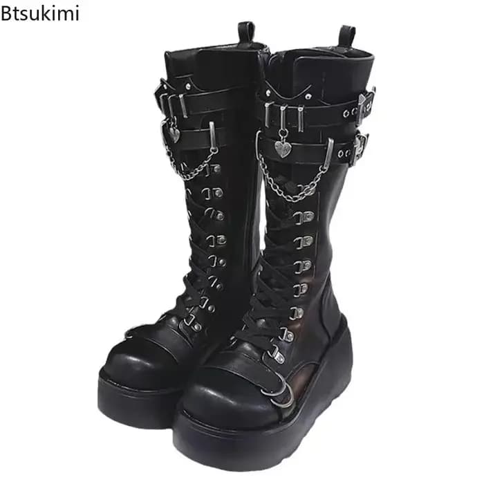 Bottes de moto, bottes à plateforme pour femmes, bottes à talons compensés, bottes hautes noires à lacets, bottes gothiques à la mode, chaussures punk, chaussures d'hiver pour filles.