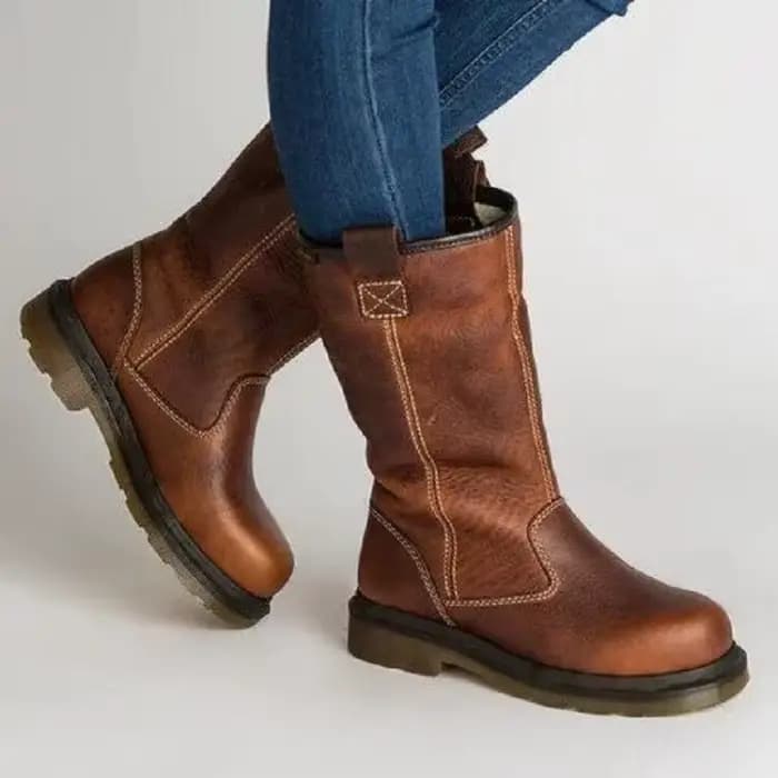 Bottes mi-mollet marron pour femmes, chaudes pour l'hiver, doublées de fausse fourrure, semelle en caoutchouc, chaussures décontractées à talon bas, bout rond, bottes à enfiler pour l'extérieur.