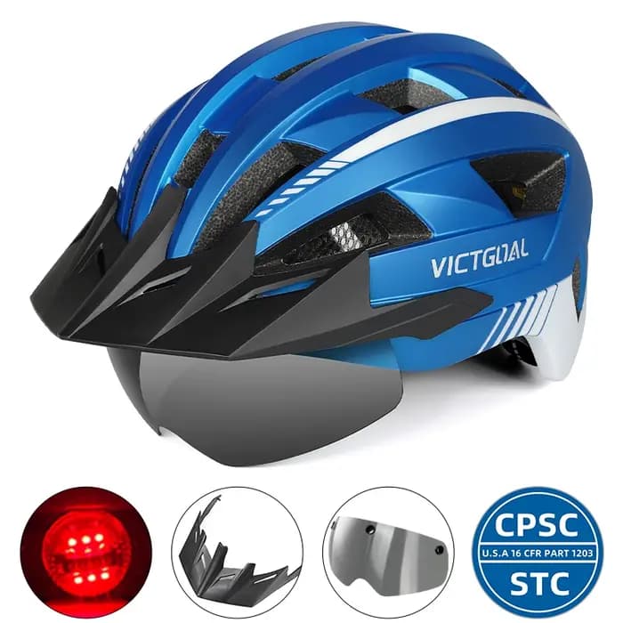 VICTGOAL Casque de vélo de route VTT pour hommes Femmes avec lunettes de visière LED Lumière arrière
