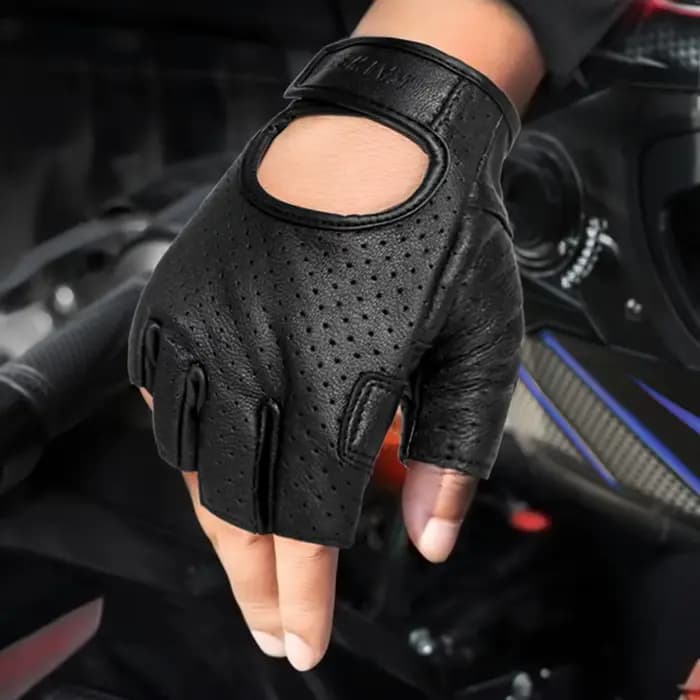Gants de Moto demi-doigt en cuir véritable sans doigts pour hommes