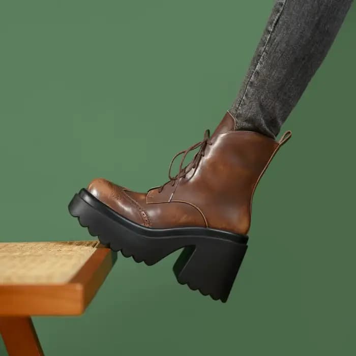 Bottes de Moto à Talons Hauts en Cuir de Vache pour Femme