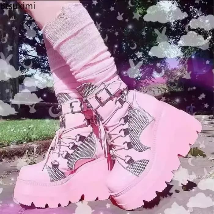 Bottes de moto punk gothiques pour femmes 2026, à plateforme, talon épais, bottines à talon compensé, chaussures noires pour femmes