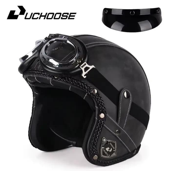 UCHOOSE casque de Moto rétro en cuir PU visage ouvert 3/4 Chopper casques de vélo classique Casco
