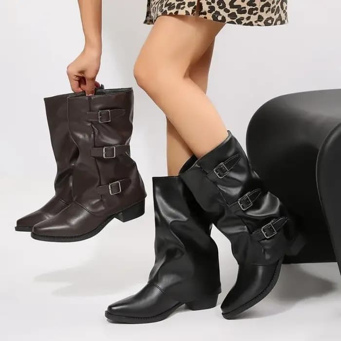 Bottes de motard pour femmes, mi-mollet, à coupe souple, avec 3 boucles métalliques décoratives, en similicuir, bout pointu, talon bloc de 4,5 cm, style punk gothique.