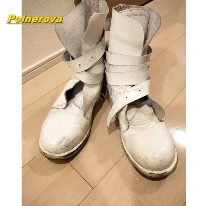 Bottes de moto vintage blanches pour femmes, à plusieurs sangles et boucles, mi-mollet, talon carré, avec sangle enveloppante, style gothique punk streetwear