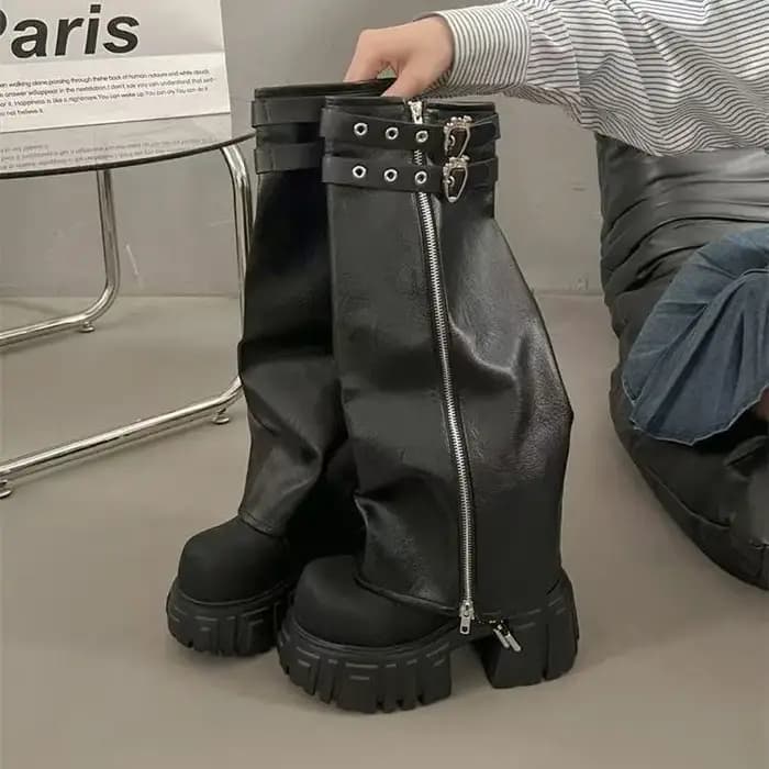 Bottes de motard pour femmes, élégantes, à boucle de ceinture, plateforme, bottes longues décontractées, bottes hautes pour femmes