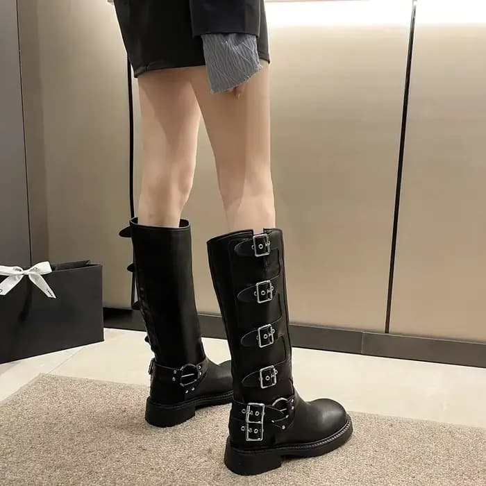 Femme bottes genou haute plate-forme élégante talon bas tendance Punk gothique New Rock cuir mode chaussures pour femmes