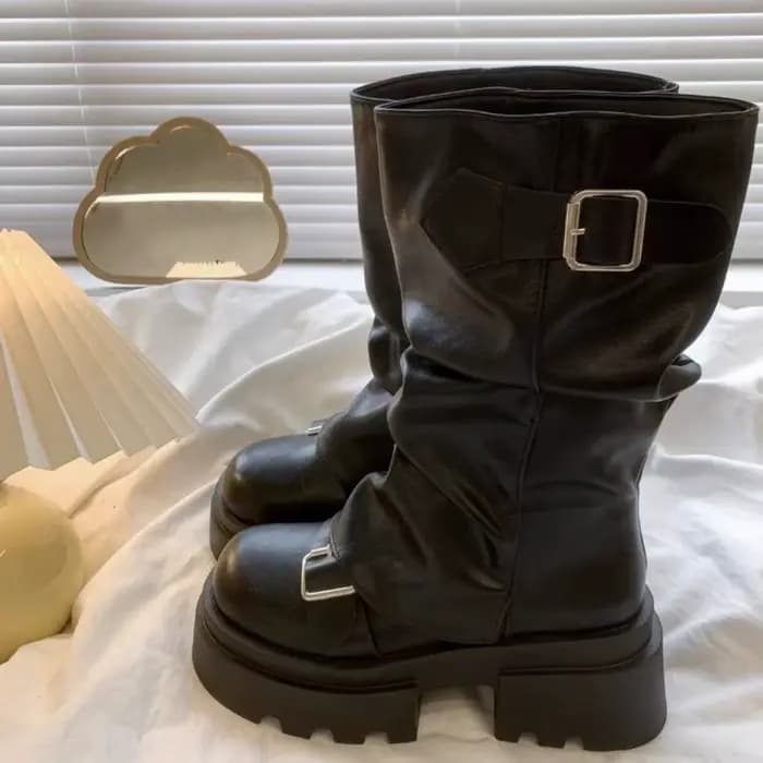 Bottines de motard à plateforme avec boucle de ceinture pour femmes