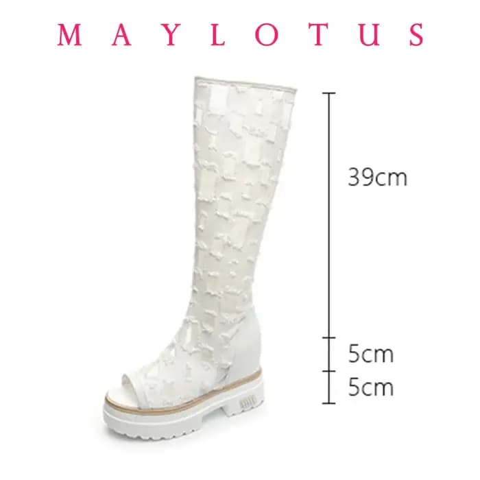 Augmenter 10cm Air Mesh mi-mollet bottes talons épais moto plate-forme compensée respirant Peep orteil été creux femmes botte chaussures