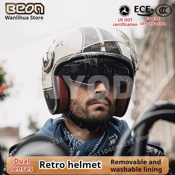 BEON rétro casque de moto Double lentille demi-casque hiver chaud Protection des oreilles doublure à la mode Graffiti