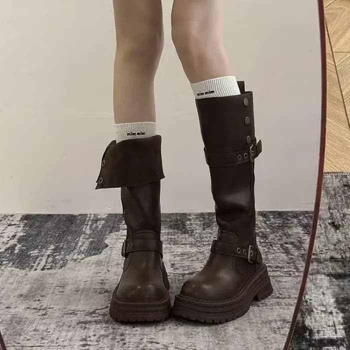 Bottes de moto hautes pour femme à plateforme épaisse, semelle à crampons, boucle de ceinture, style