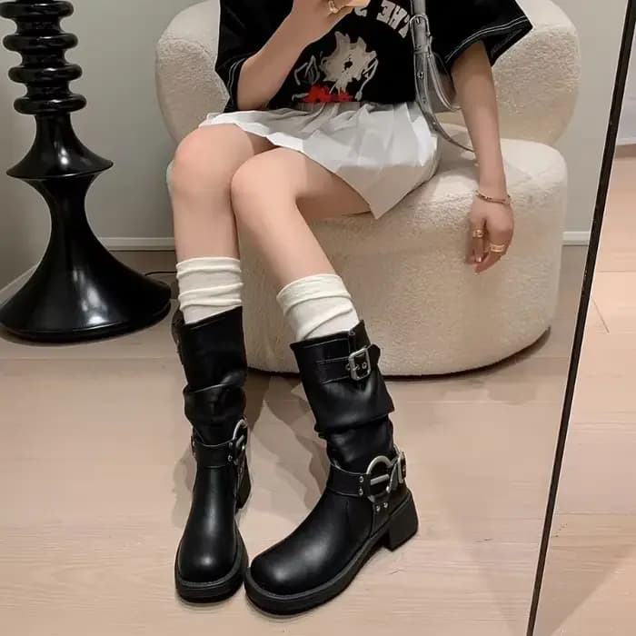 Bottes de moto rondes en cuir PU pour femmes
