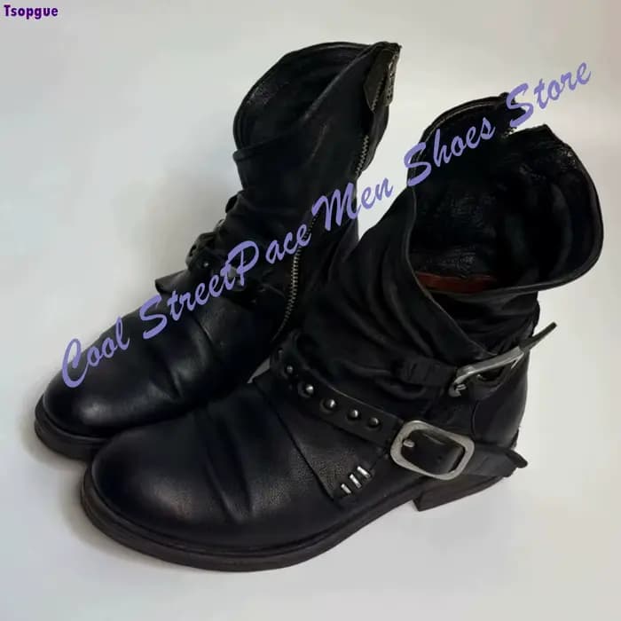 Bottes Biker American Vintage pour Homme en Cuir Marron Vieilli avec Double Boucle et Rivets Décorat