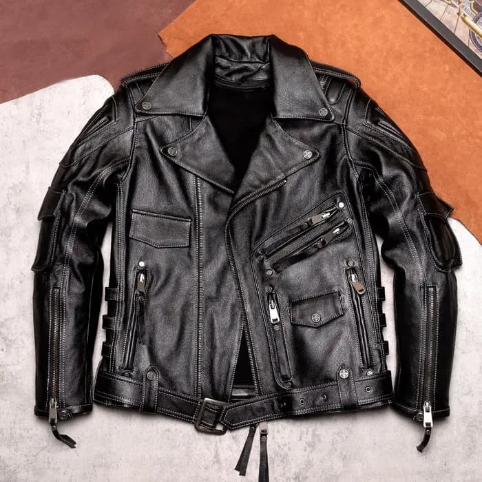 Blouson de moto en cuir marron pour homme