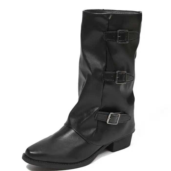 Bottes de motard pour femmes, mi-mollet, à coupe souple, avec 3 boucles métalliques décoratives, en