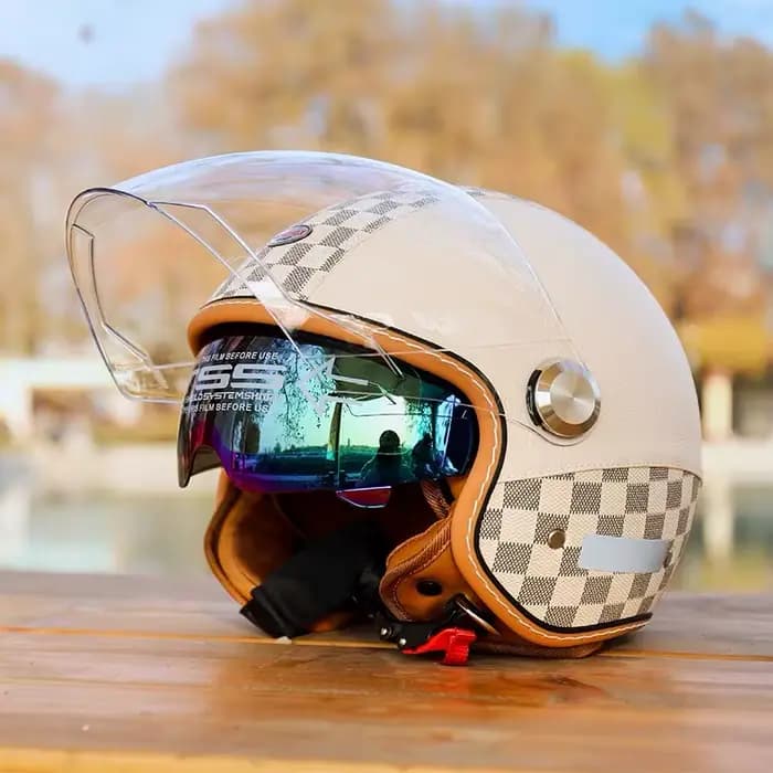 Demi-casque de moto rétro en cuir à Double visière
