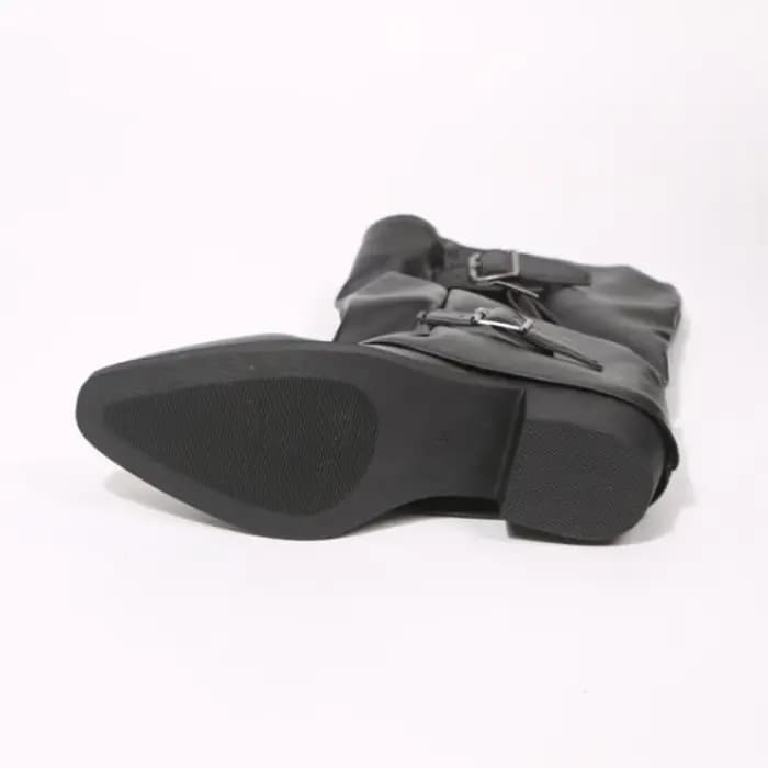 Bottes de motard pour femmes, mi-mollet, à coupe souple, avec 3 boucles métalliques décoratives, en similicuir, bout pointu, talon bloc de 4,5 cm, style punk gothique.
