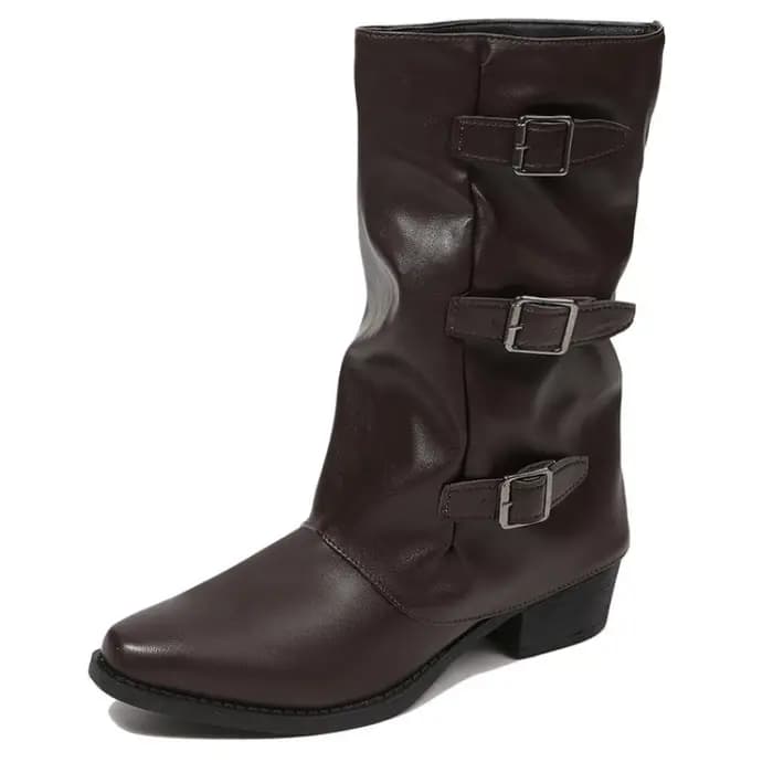 Bottes de motard pour femmes, mi-mollet, à coupe souple, avec 3 boucles métalliques décoratives, en similicuir, bout pointu, talon bloc de 4,5 cm, style punk gothique.