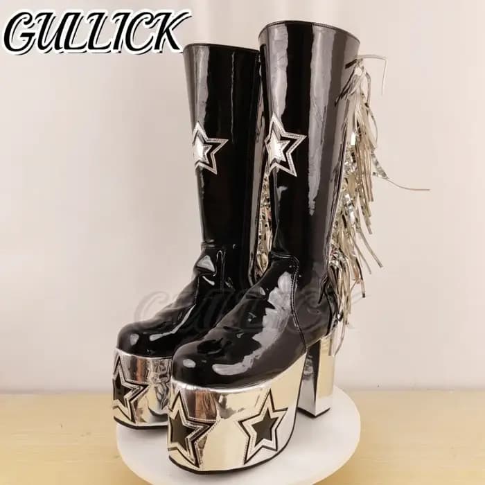 Style gothique plate-forme bottes hautes Rock Punk Rivets étoiles gland conception Botas Halloween femmes homme mascarade chaussures à semelle épaisse