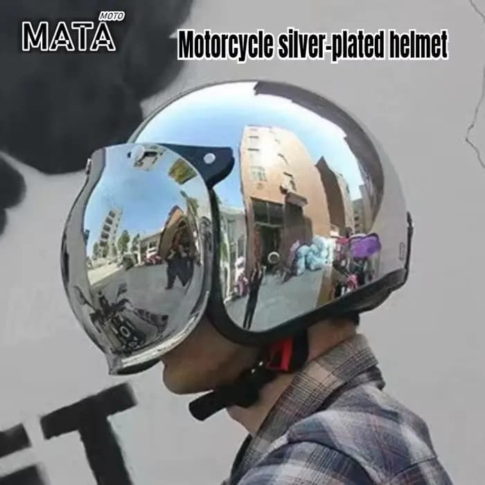 Casque Moto Rétro Ouvert Chromé Argenté Unique – Style Vintage Jet 3/4 Demi-Casque