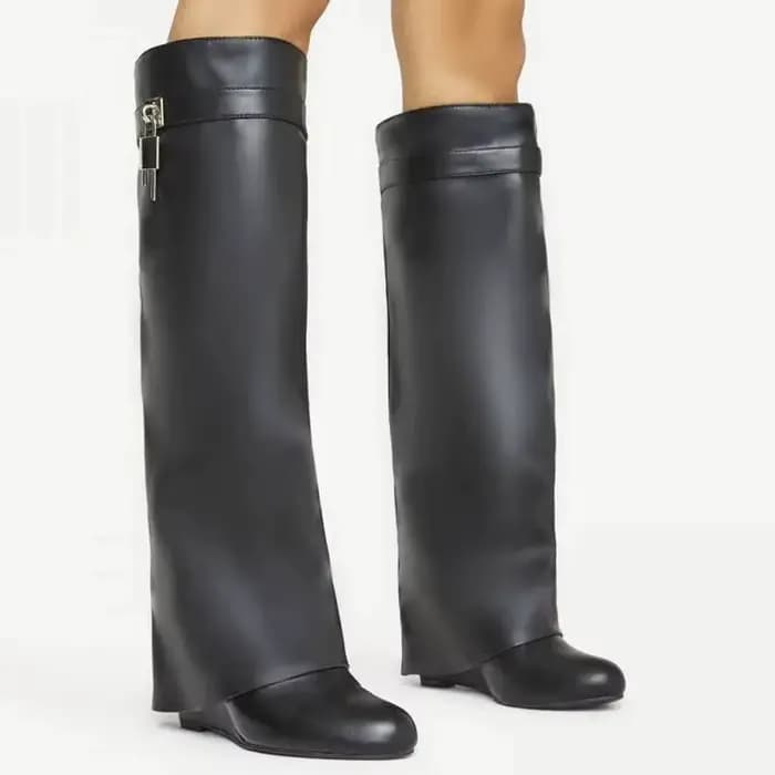 Shark Lock – bottes de moto en cuir blanc et rouge pour femme, chaussures à talon compensé à mollet