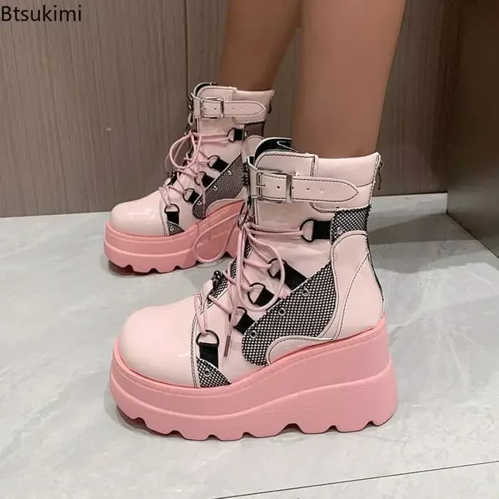 Bottes de moto punk gothiques pour femmes 2026, à plateforme, talon épais, bottines à talon compensé, chaussures noires pour femmes