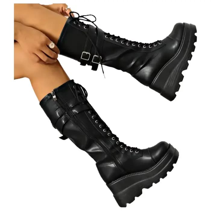 Bottes de moto style punk sombre à talon épais avec boucle de ceinture