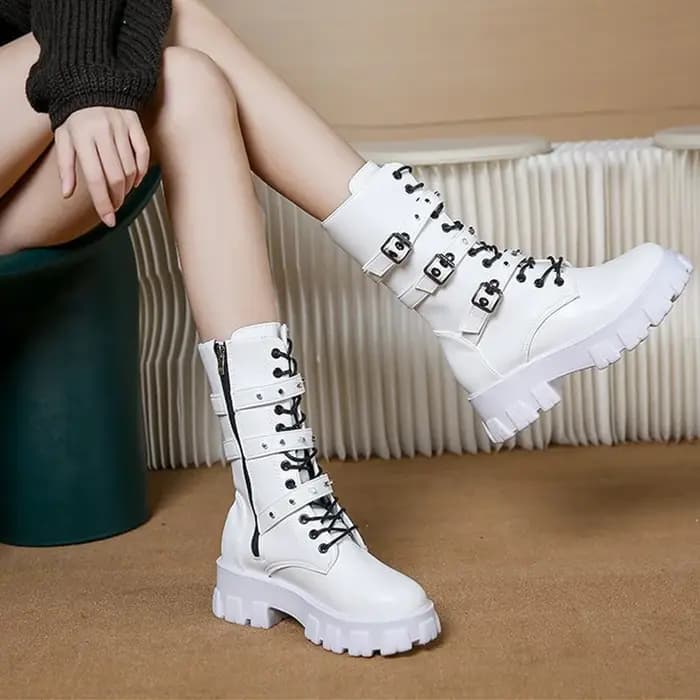 Nouvelles Bottes Punk pour Femme, Bottes de Moto à Fermeture Éclair, Bottes Mi-Mollet Automne Hiver 2026, Bottes de Motard à Talon Plateforme pour Femme, Chaussures pour Dames