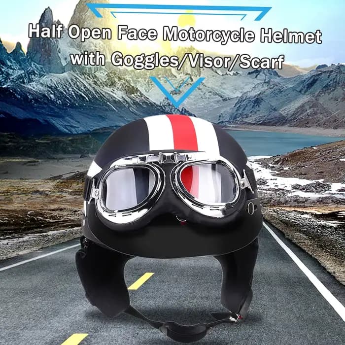 Casque de moto demi-visage ouvert avec lunettes visière écharpe motard Scooter