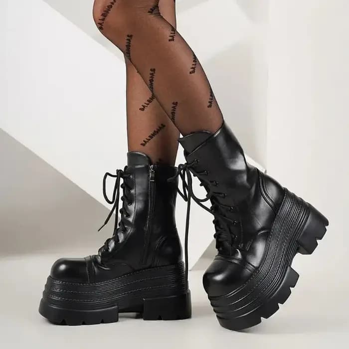 Bottes gothiques de Style Punk pour femmes, bottes en cuir mi-mollet à la mode, bottes de moto pour femmes, bottines à plateforme augmentant la hauteur