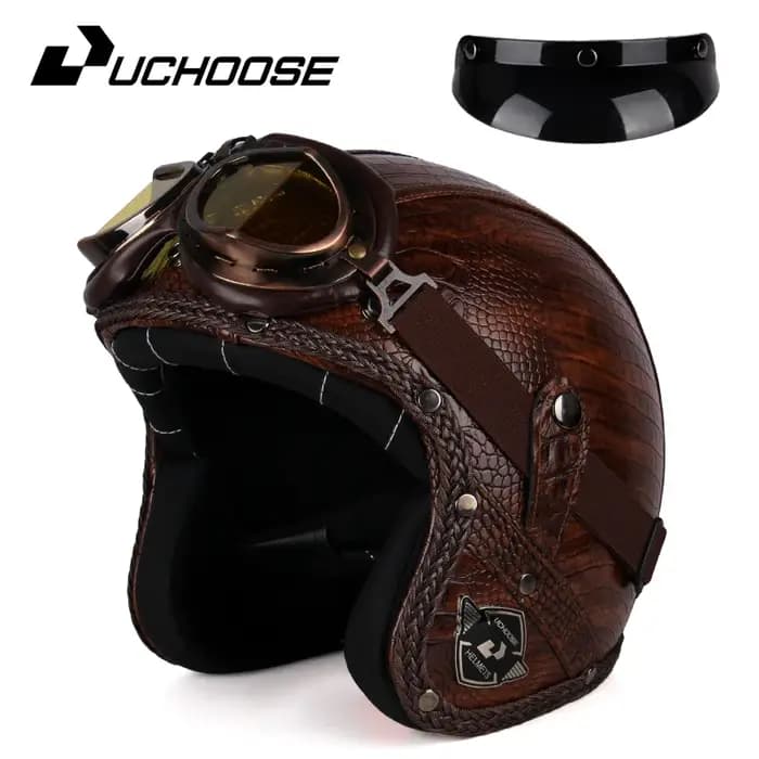 UCHOOSE casque de Moto rétro en cuir PU visage ouvert 3/4 Chopper casques de vélo classique Casco