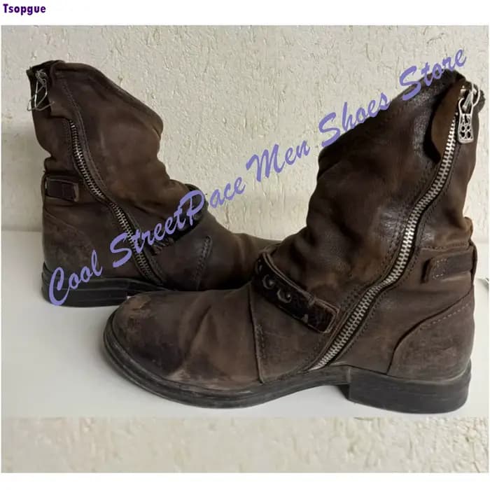 Bottes Biker American Vintage pour Homme en Cuir Marron Vieilli avec Double Boucle et Rivets Décoratifs, Talon Bas, Style Gothique Cool, Mi-Mollet