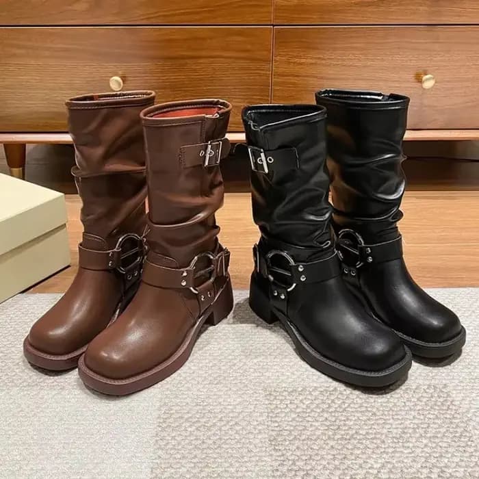 Bottes de moto rondes en cuir PU pour femmes