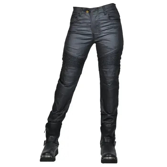 Jean de moto pour femme en denim enduit noir