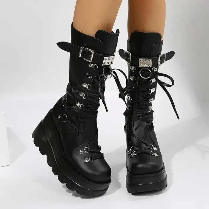 Bottes de moto gothiques à plateforme pour femmes, bottines de Combat Punk avec sangle à boucle et r