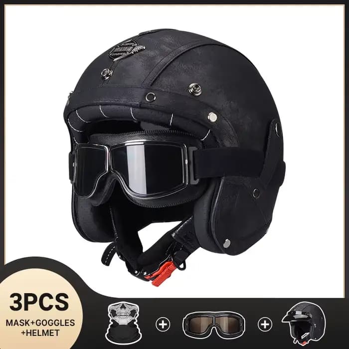 Casque De Moto en cuir noir Vintage rétro visage ouvert Chopper