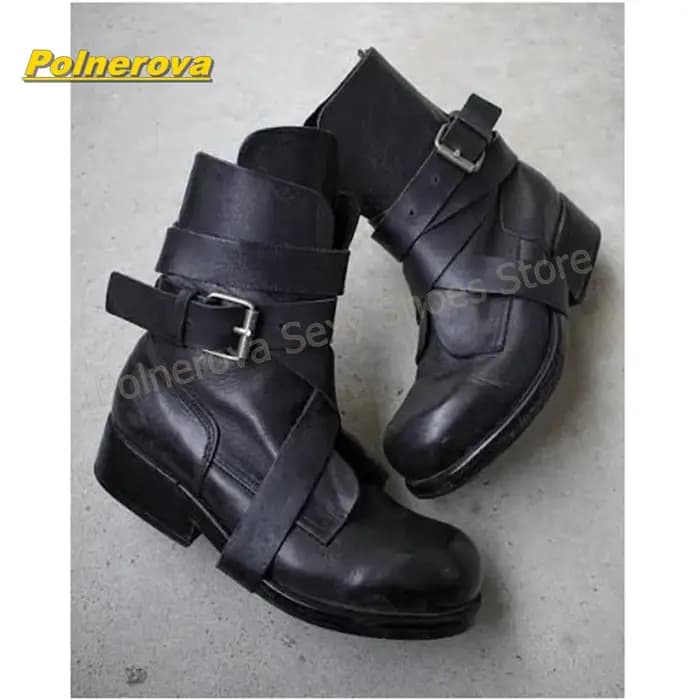 Bottes de moto vintage blanches pour femmes, à plusieurs sangles et boucles, mi-mollet, talon carré, avec sangle enveloppante, style gothique punk streetwear